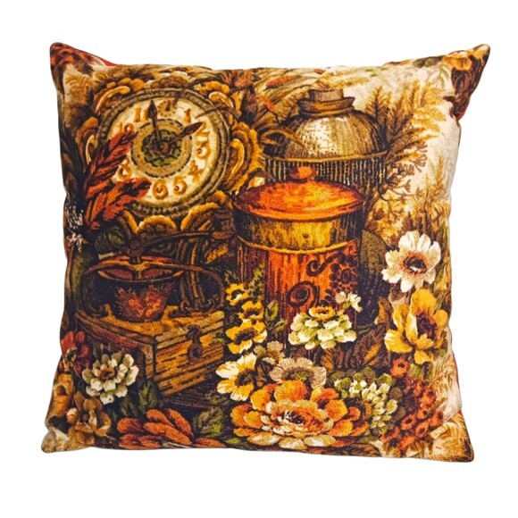 VTG 1970s Velvet Floral Clock Print Couch Throw Pillow Brown Orange Yellow RETRO - Picture 1 of 3